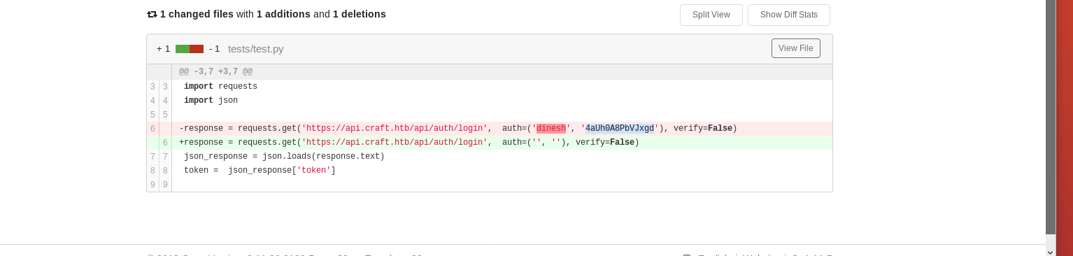 commit history reveals a set of credentials